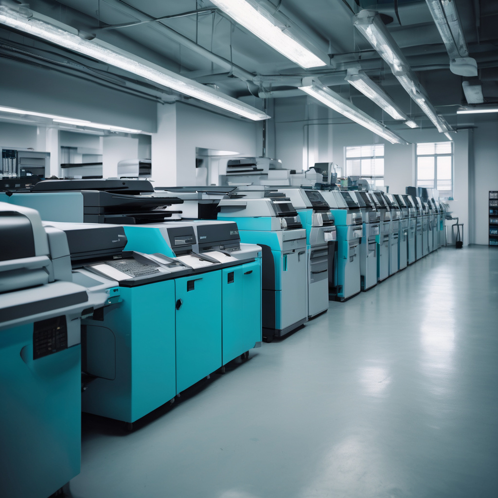 Professional print shop floor with rows of turquoise and gray printing and copying equipment in a modern facility