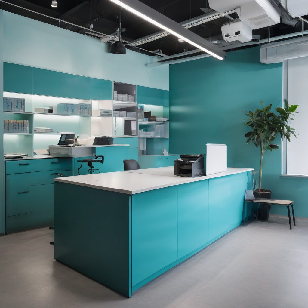 Professional copy shop counter with modern turquoise equipment and organized workspace